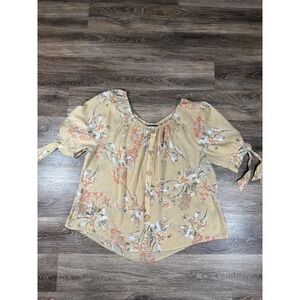 Unique Spectrum Blouse Womens 2X Tan White Orange Floral Button Decor Tie Sleeve